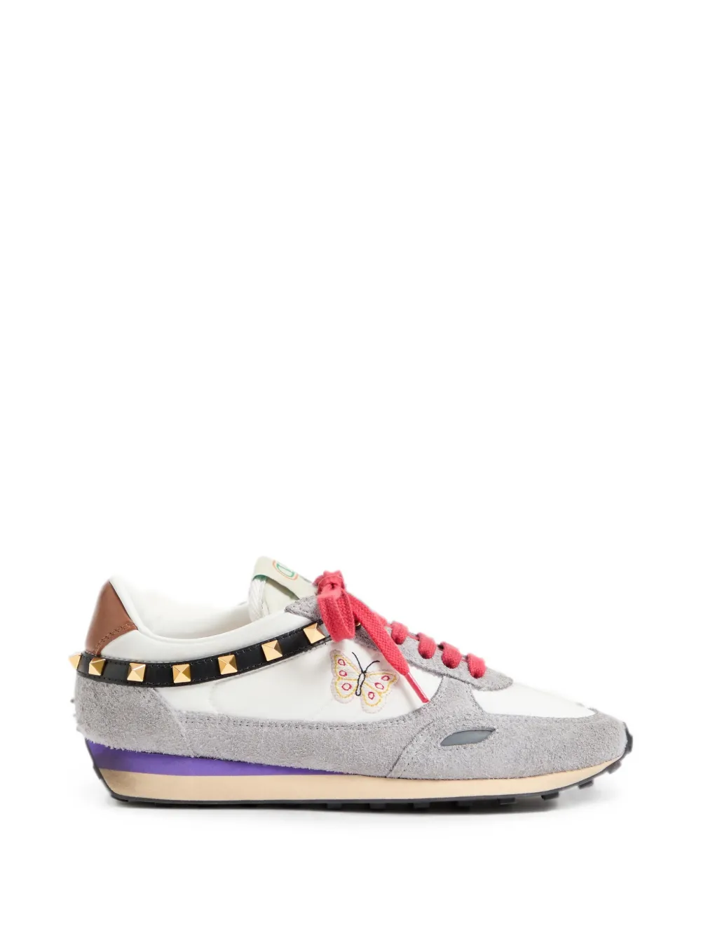 Valentino Garavani stud-up sneakers in split leather and nylon with butterfly embroidery - Weiß