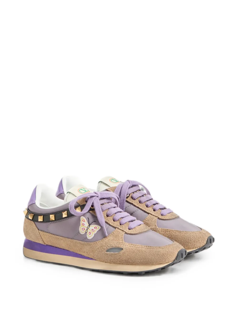 Valentino Garavani Sneakers van leer en nylon met geborduurde vlinder Paars