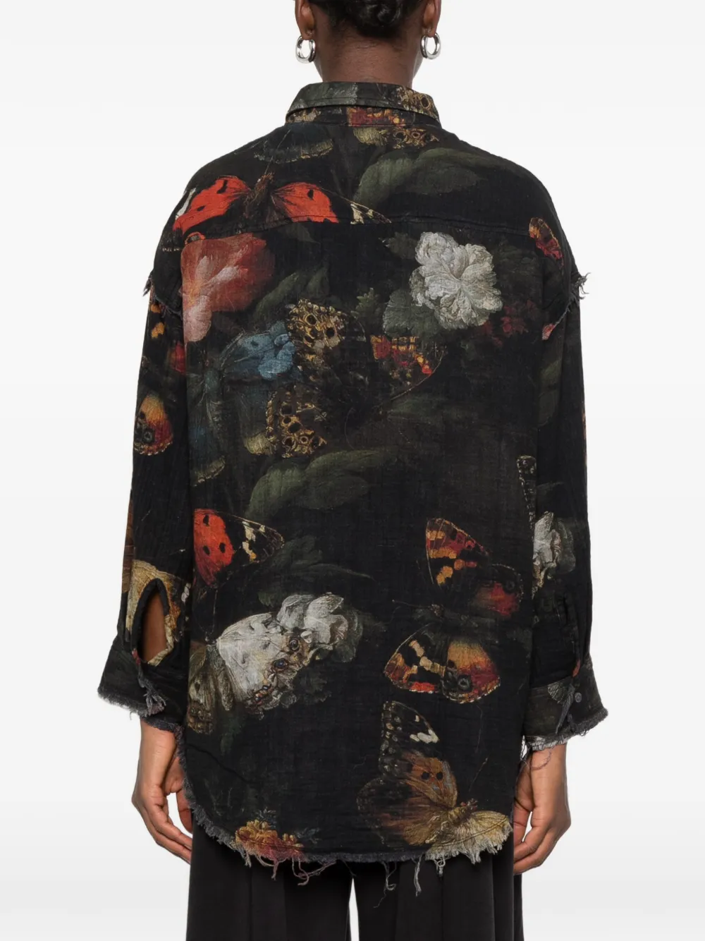 R13 reversible butterfly-print frayed shirt Zwart