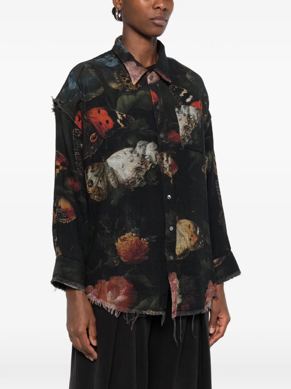 R13 reversible butterfly-print frayed shirt Zwart