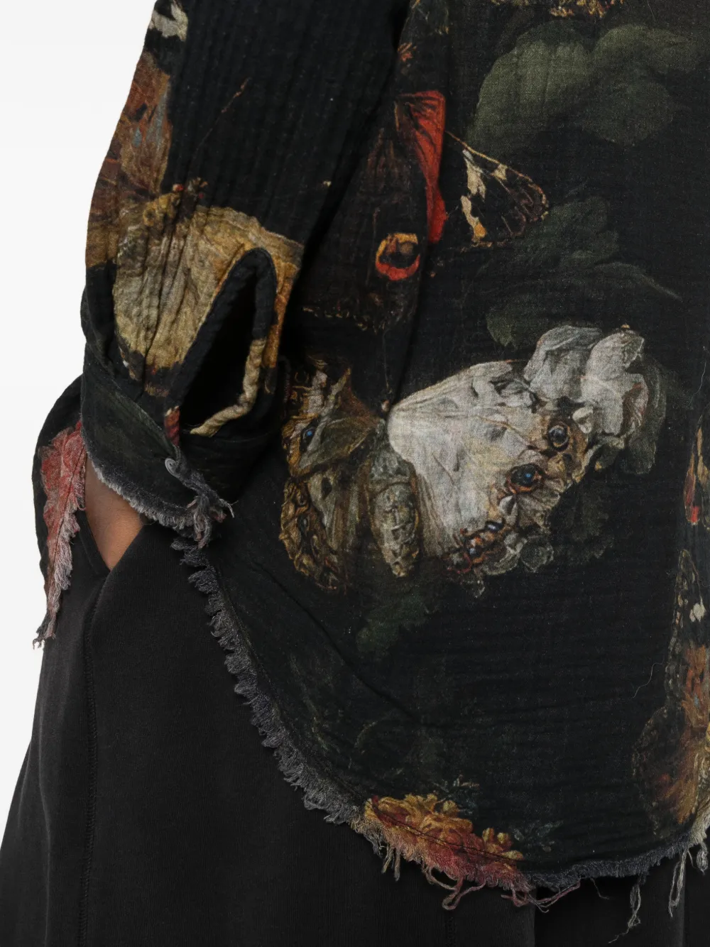 R13 reversible butterfly-print frayed shirt Zwart