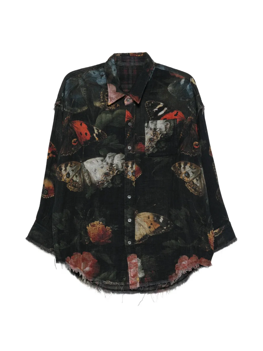 R13 reversible butterfly-print frayed shirt - Schwarz