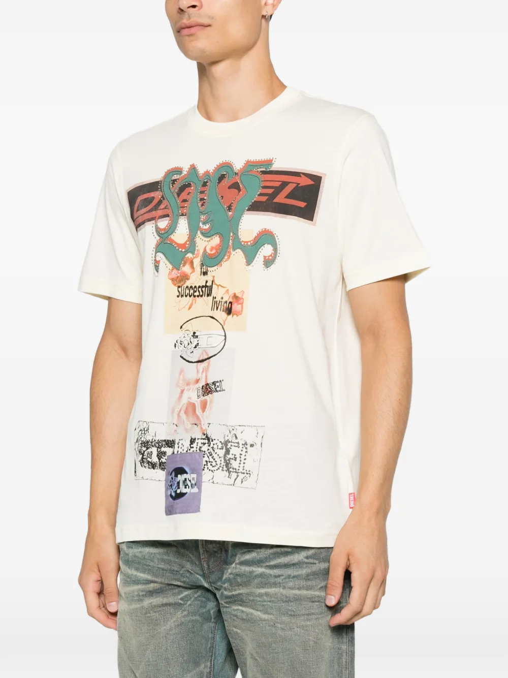 Diesel graphic-print stud-embellished T-shirt Beige