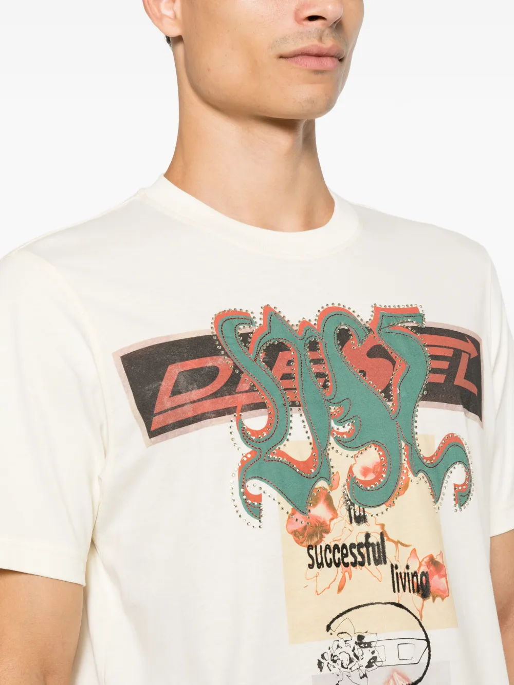Diesel graphic-print stud-embellished T-shirt Beige