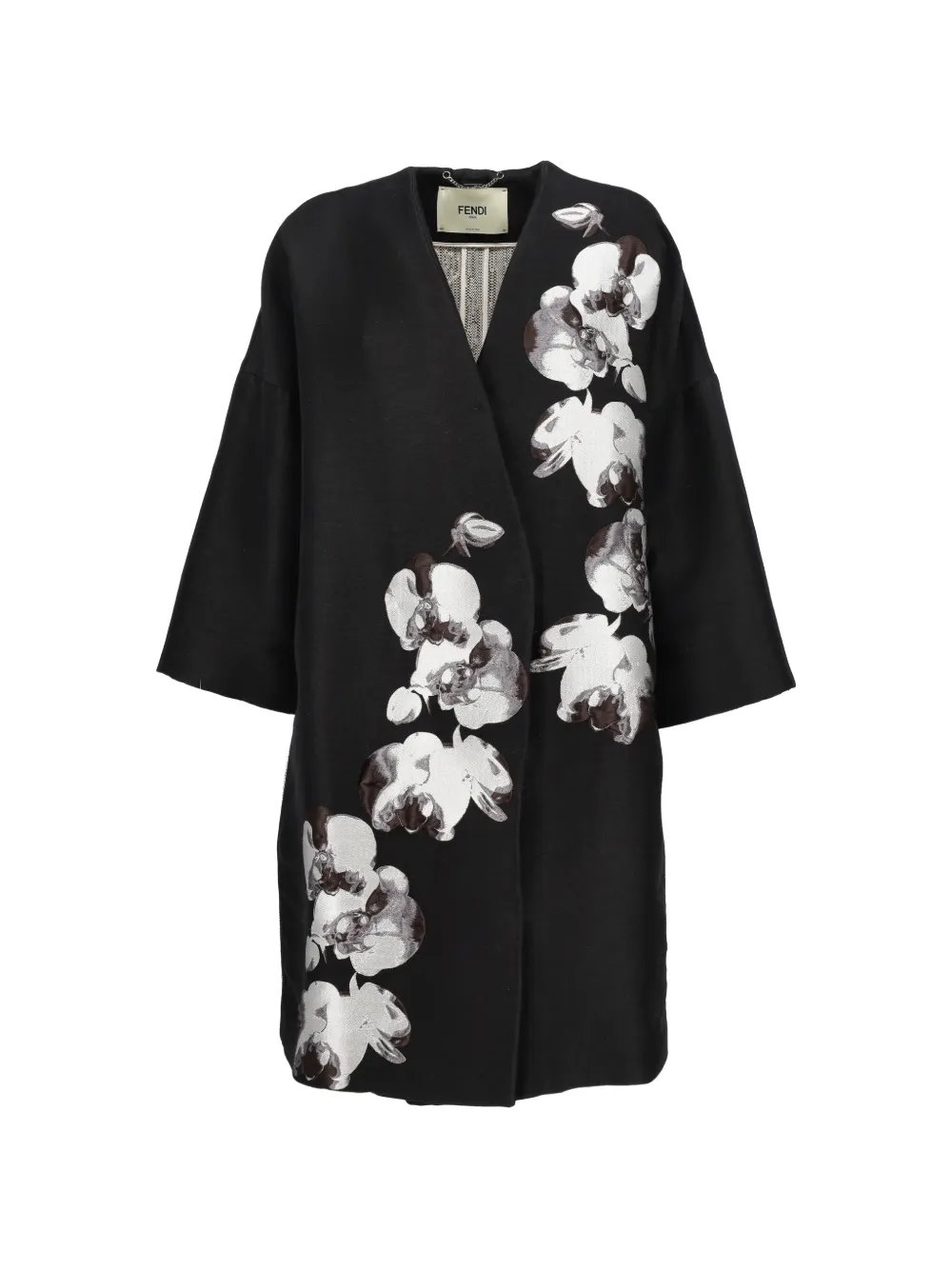 Pre-owned Fendi V-neck Floral-print Coat In Black