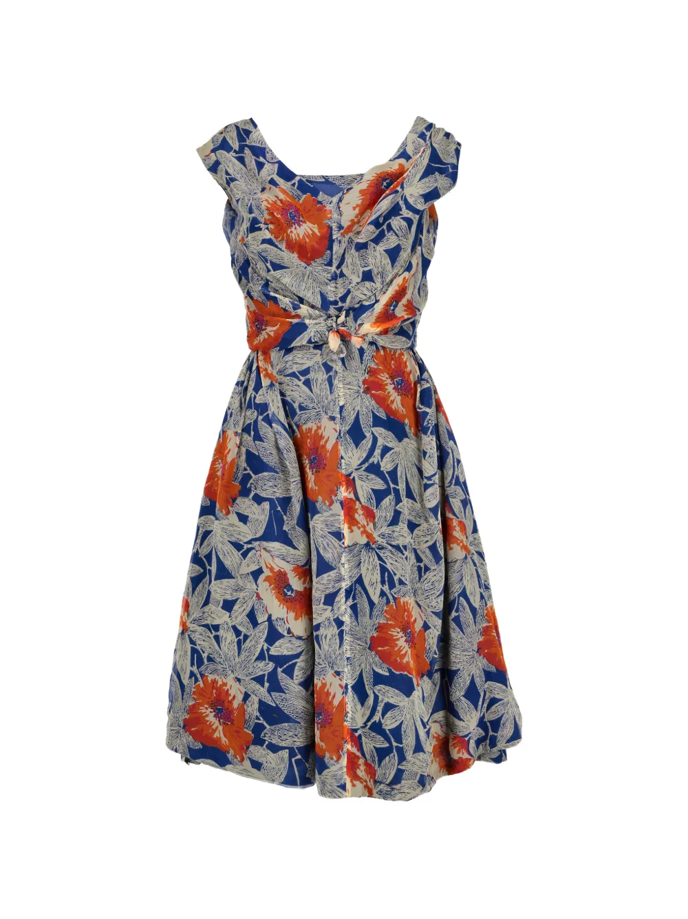 Pre-owned Vintage Floral-print Midi Dress In Blue