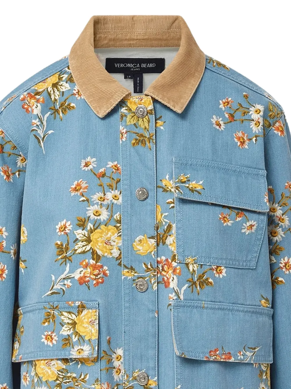 Veronica Beard Leighton floral-print corduroy-collar denim jacket Blauw