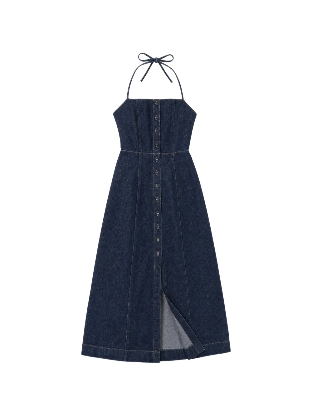 Reformation Manon halterneck denim midi dress Blauw