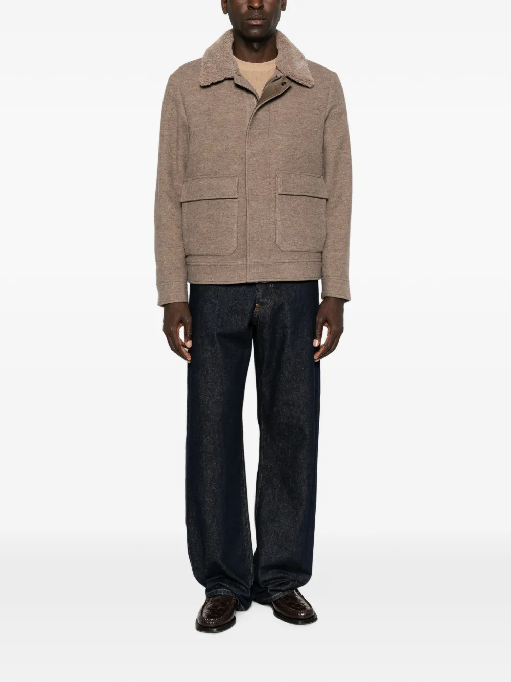 Canali shearling-collar patch-pocket jacket Beige