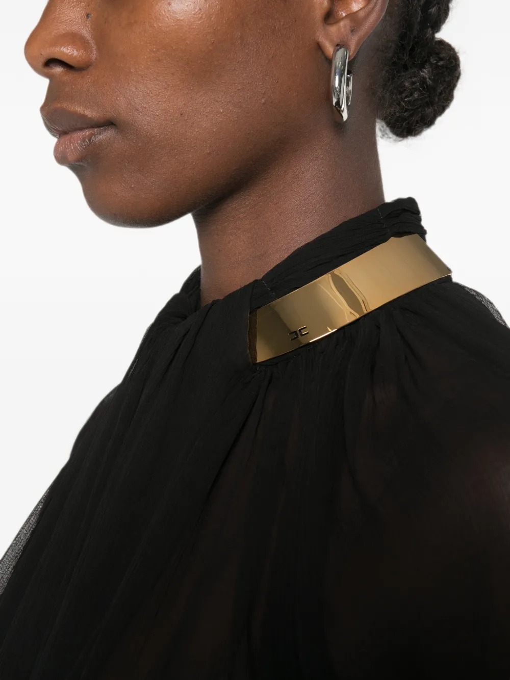 Elisabetta Franchi metal-collar pleated sheer blouse Zwart