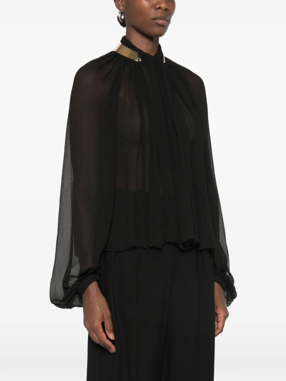 Elisabetta Franchi metal-collar pleated sheer blouse Zwart