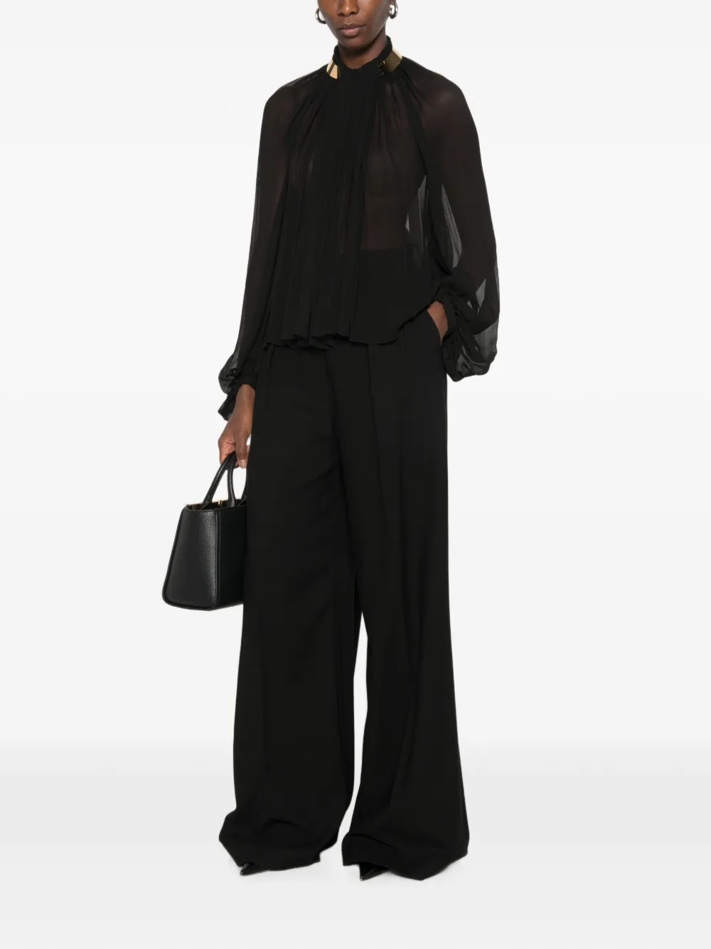 Elisabetta Franchi metal-collar pleated sheer blouse Zwart