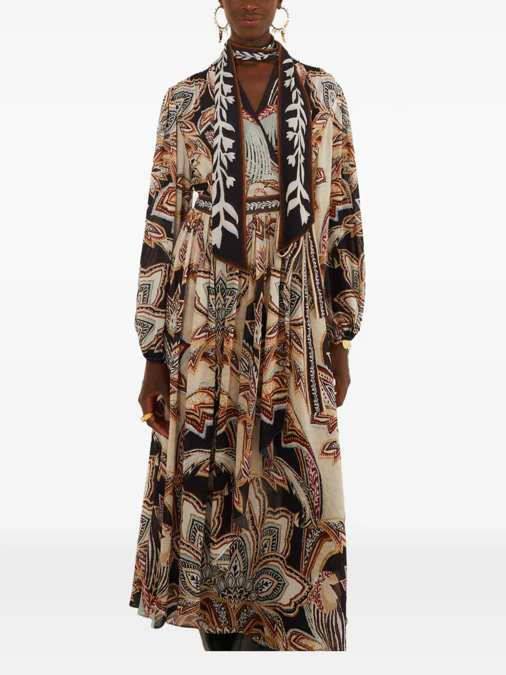 FARM Rio Tapestry Dream paisley-print pussy-bow midi dress Beige