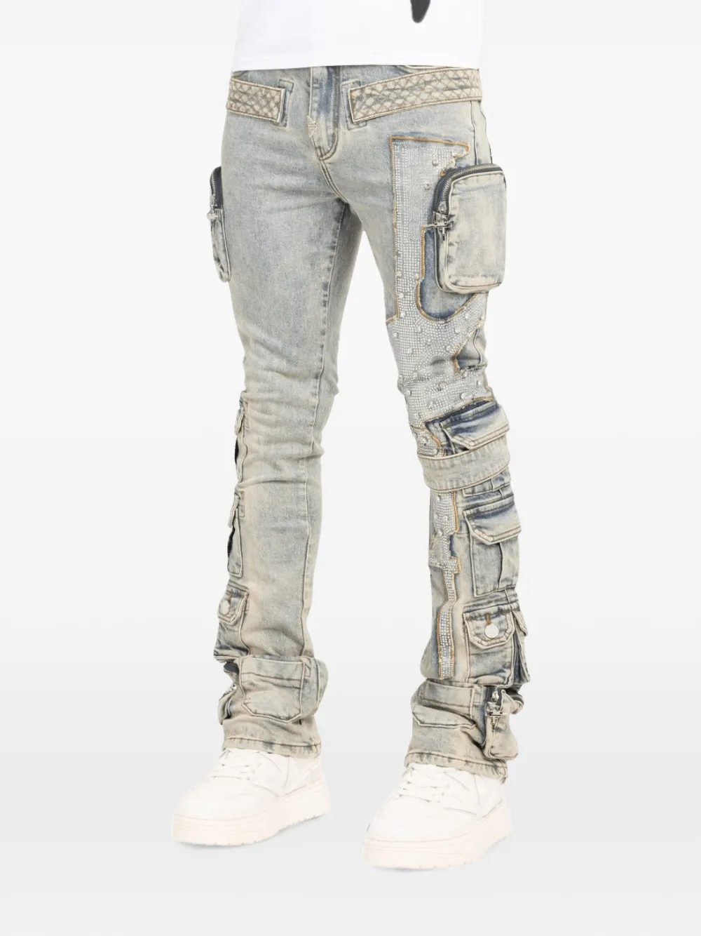 GUAPI Jeans met gewatteerd vlak en verfraaid met stras Blauw