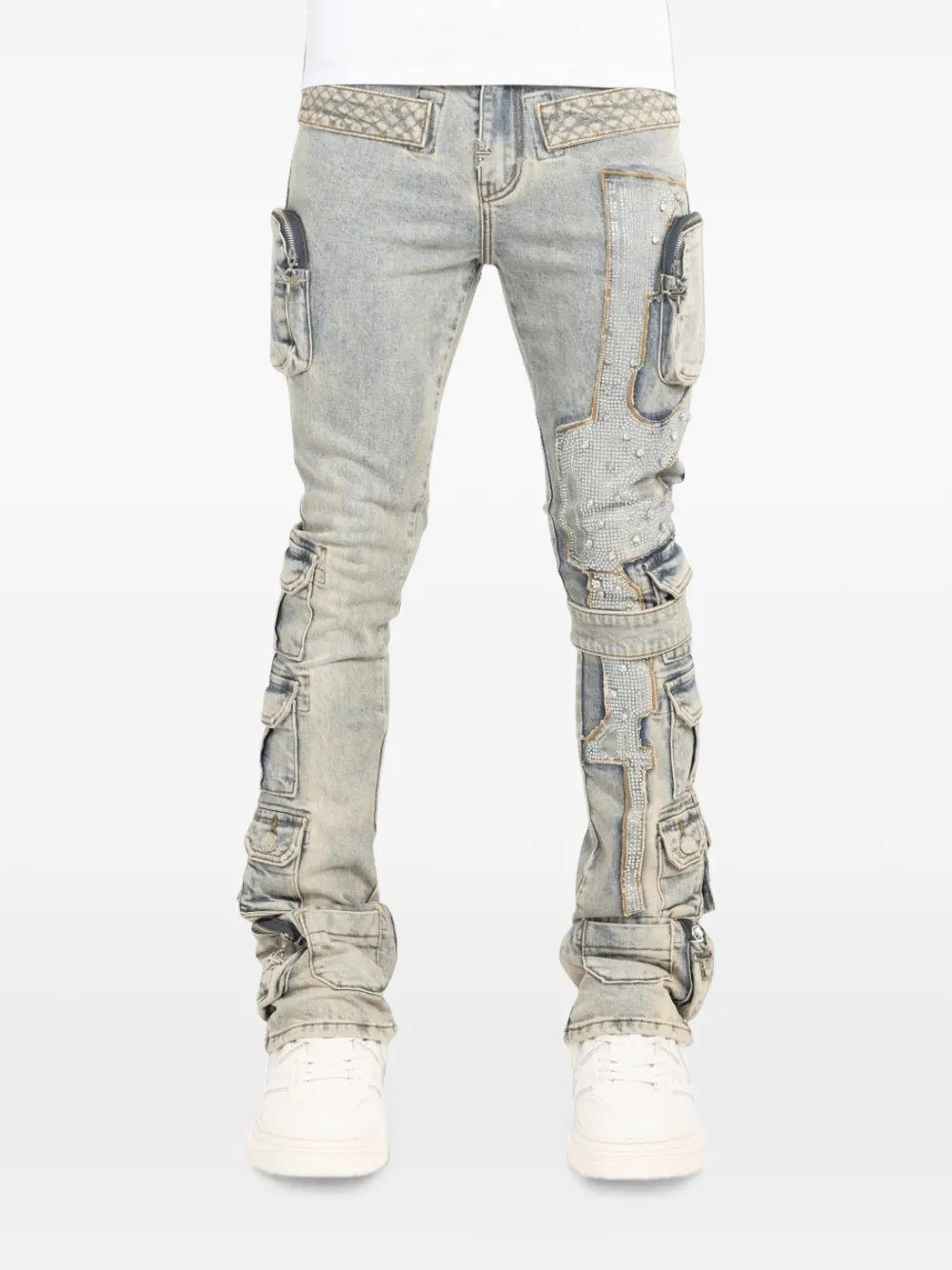GUAPI Jeans met gewatteerd vlak en verfraaid met stras Blauw