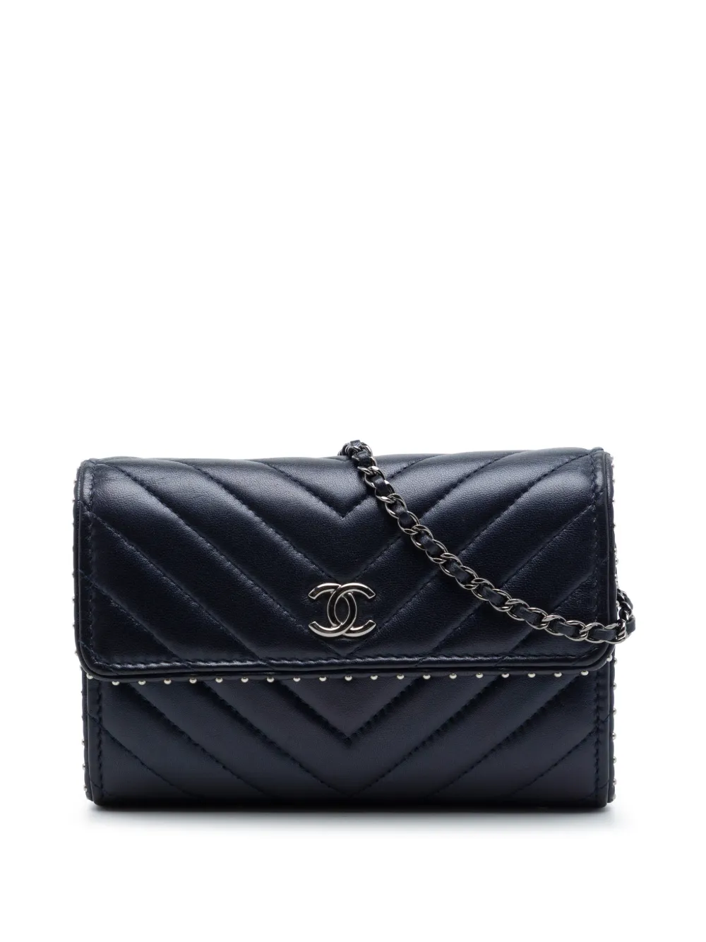 CHANEL Pre-Owned Borsa a tracolla CC in pelle di agnello con borchie, motivo chevron e catena 2018-2019 - Blu