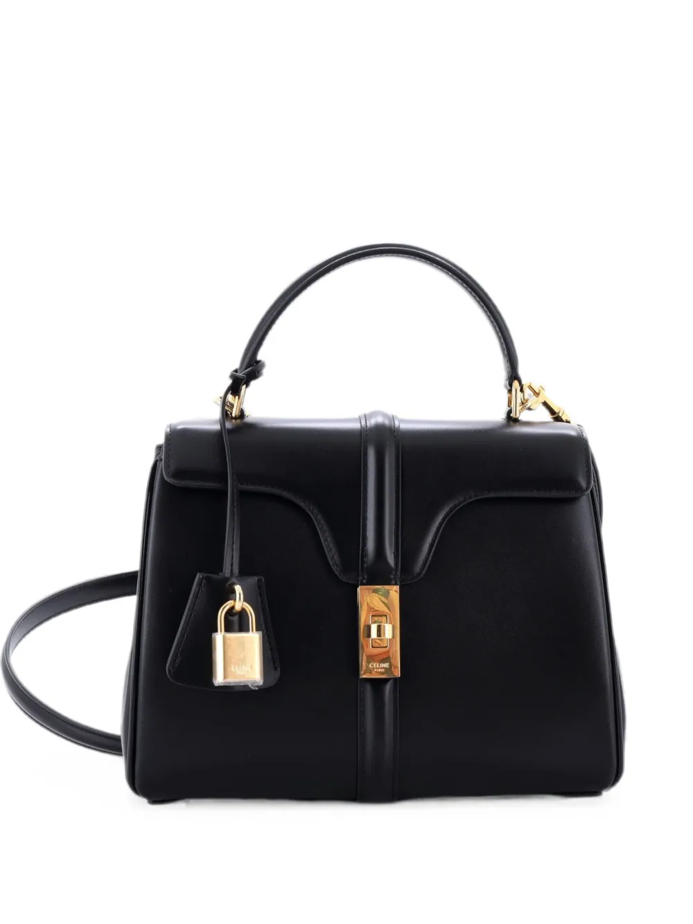 Pre-owned Celine 16 Top Handle Bag Smooth Calfskin Small Satchel In Black