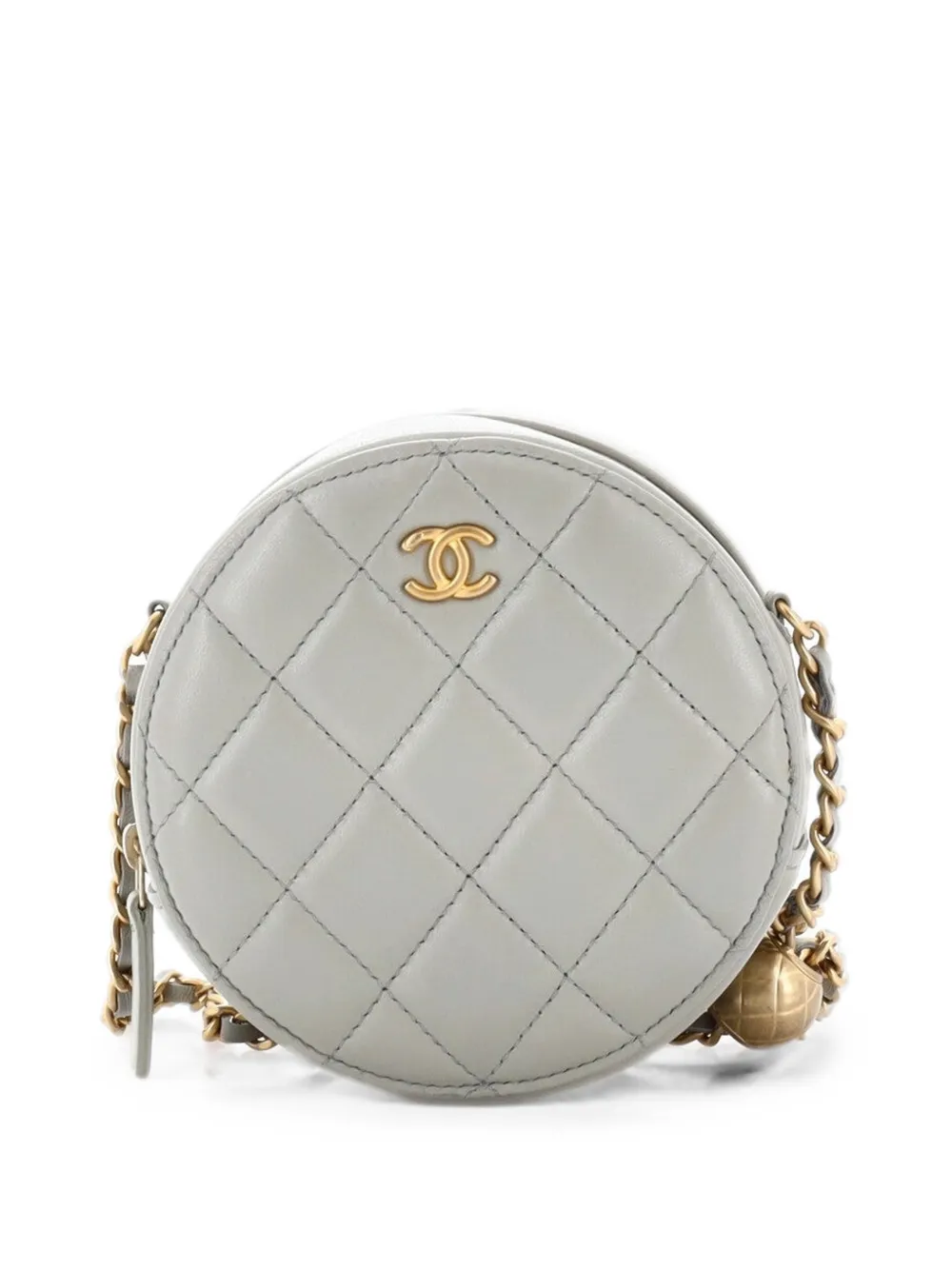 Pre-owned Chanel Pearl Crush Round With Chain Quilted Lambskin Clutch Bag In Grey