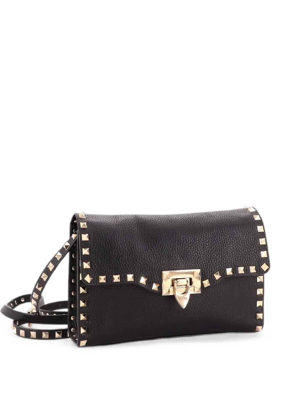 Pre-owned Valentino Garavani Rockstud Flip Lock Flap Bag Leather Small Shoulder Bag In Black