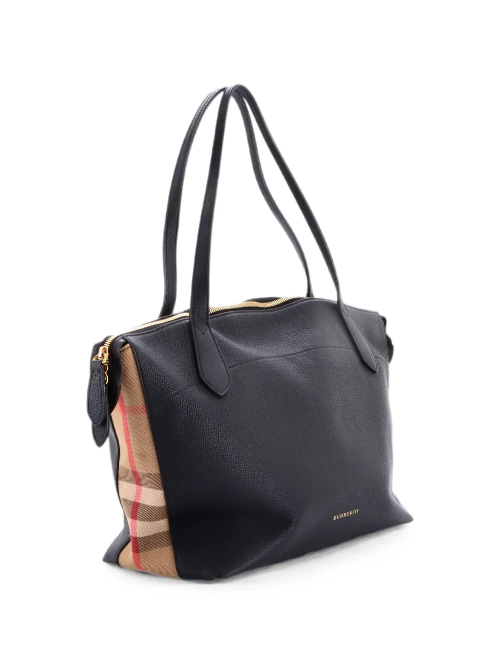 Pre-owned Burberry Welburn Leather And House Check Canvas Medium Tote Bag In Black