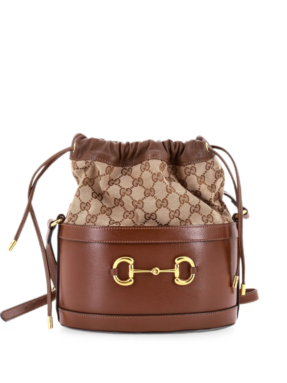 Gucci Pre-Owned Horsebit 1955 Crossbody Bag Leather and GG Canvas Small bucket bag - Marrone