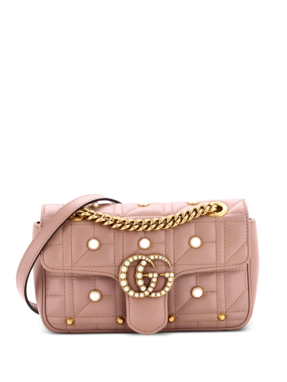 Gucci Pre-Owned Pearly GG Marmont Flap Bag Embellished Matelasse Leather Mini shoulder bag - Neutrals
