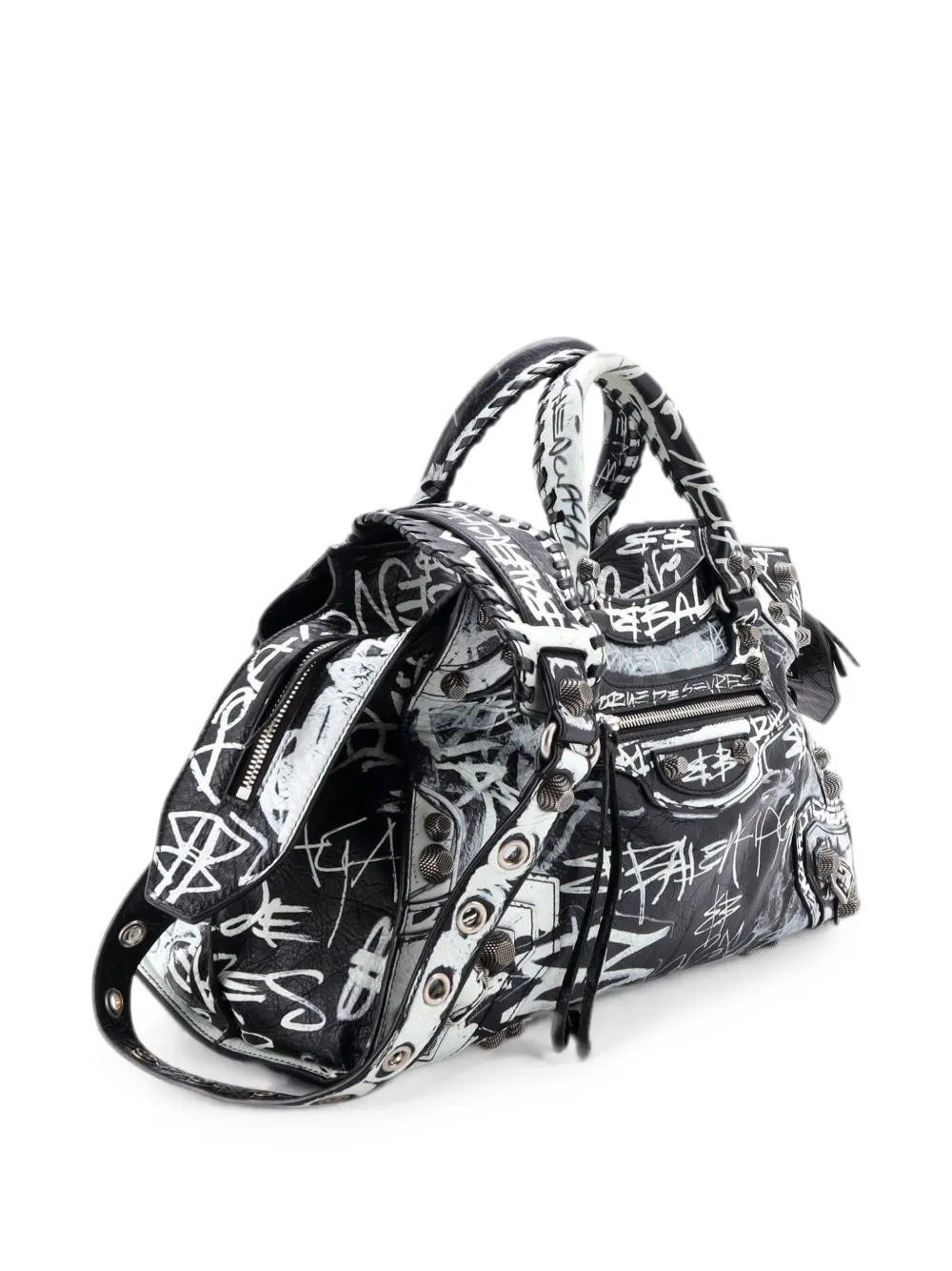 Pre-owned Balenciaga Neo Cagole Graffiti City Bag Leather Medium Tote Bag In Black
