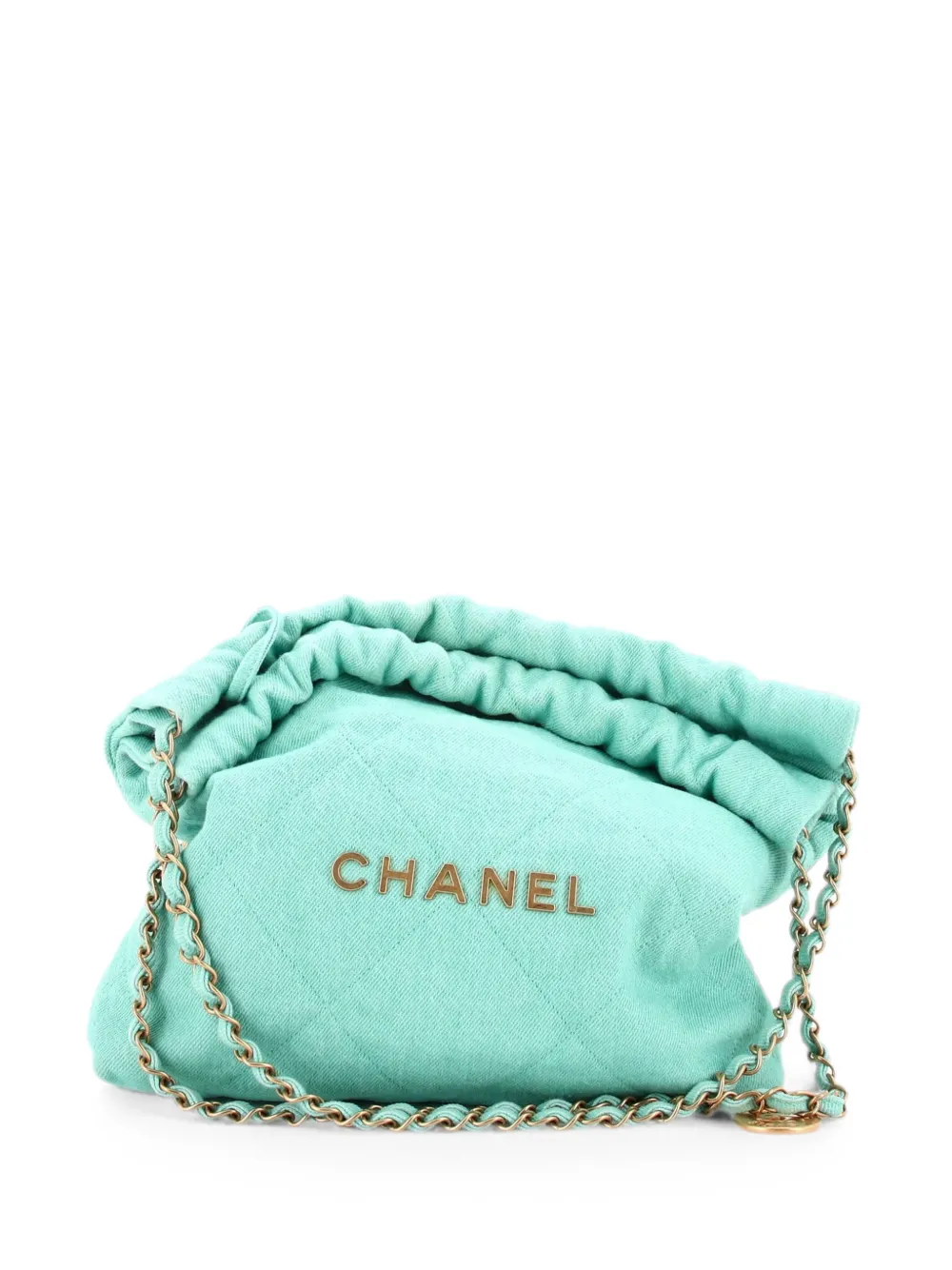 Pre-owned Chanel 22 Chain Quilted Denim Small Hobo Bag In Green