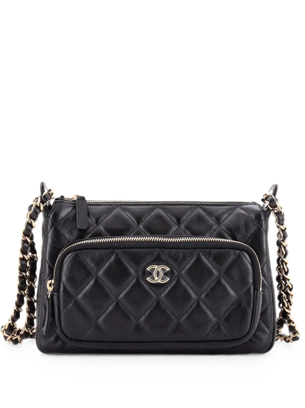 Pre-owned Chanel Cc Front Pocket Zip Clutch With Chain Quilted Lambskin Large Shoulder Bag In Black