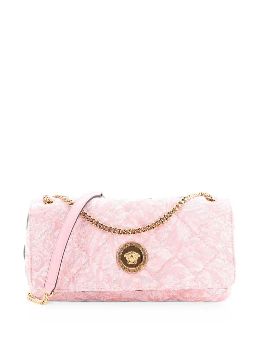 Pre-owned Versace Medusa Icon Chain Flap Bag Quilted Barocco Jacquard East West Shoulder Bag In Pink