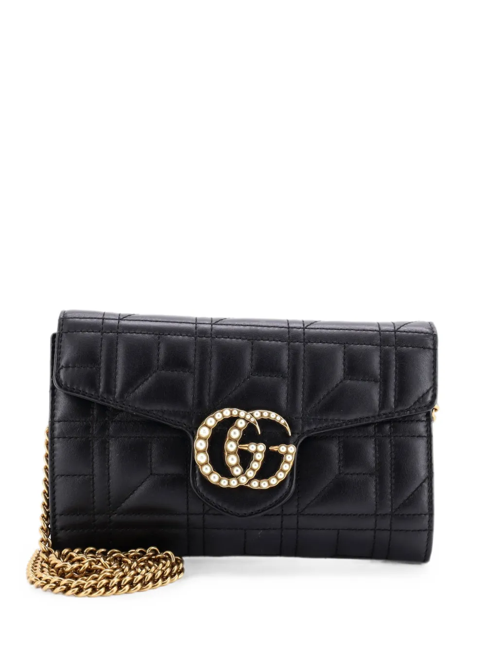 Pre-owned Gucci Pearly Gg Marmont Chain Wallet Matelasse Leather Mini Shoulder Bag In Black