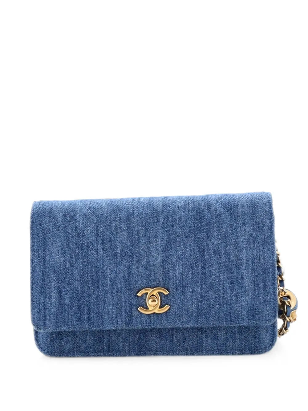 Pre-owned Chanel Pearl Crush Wallet On Chain Quilted Denim Crossbody Bag In Blue