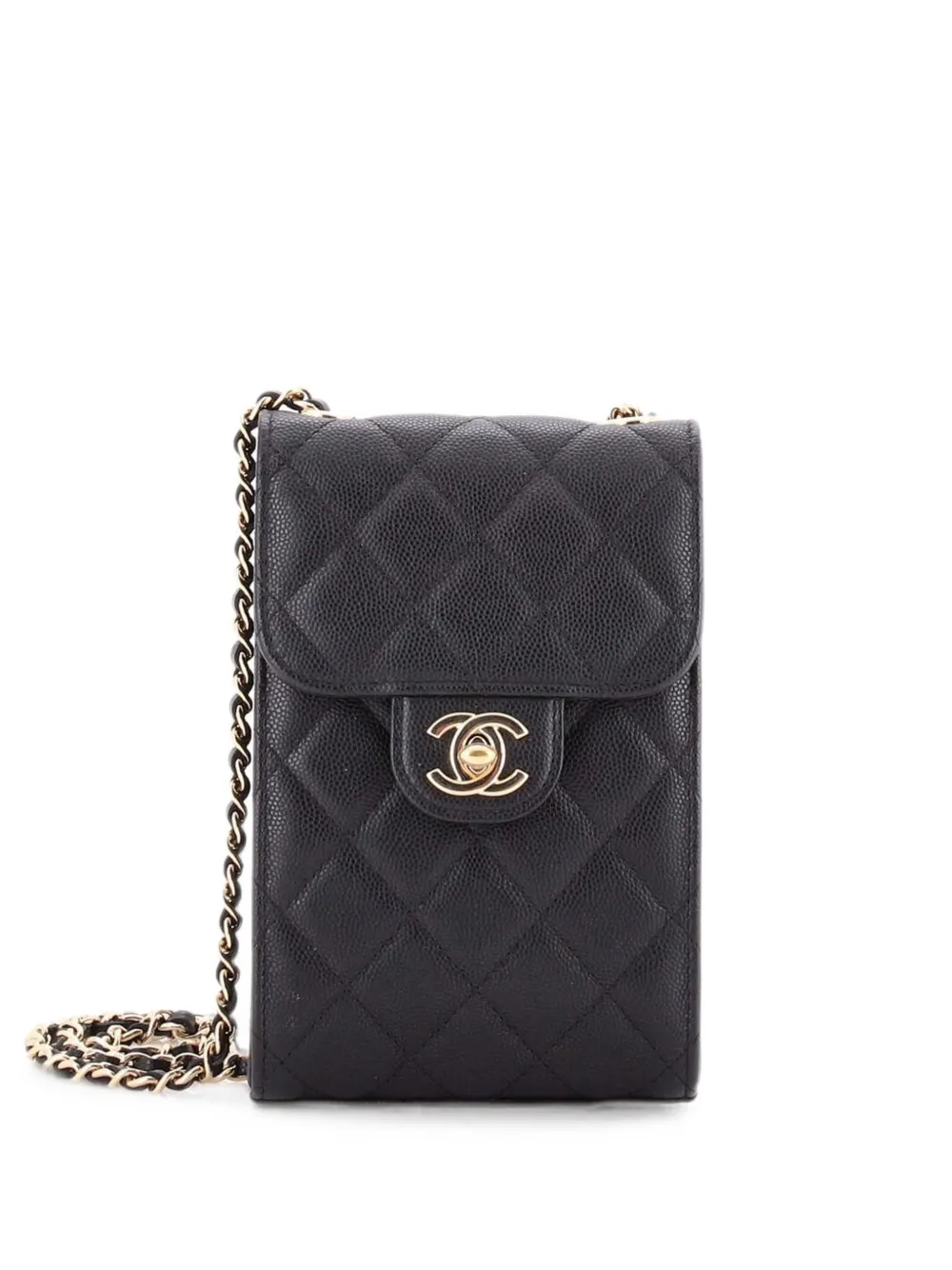 Pre-owned Chanel Cc Flap Phone Holder Crossbody Bag Quilted Caviar Clutch Bag In Black