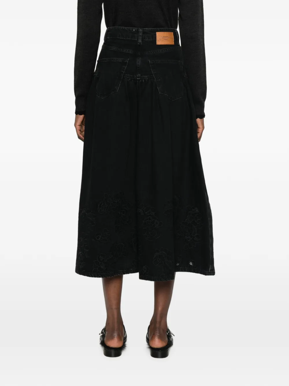 GANNI embroidered denim midi skirt Zwart