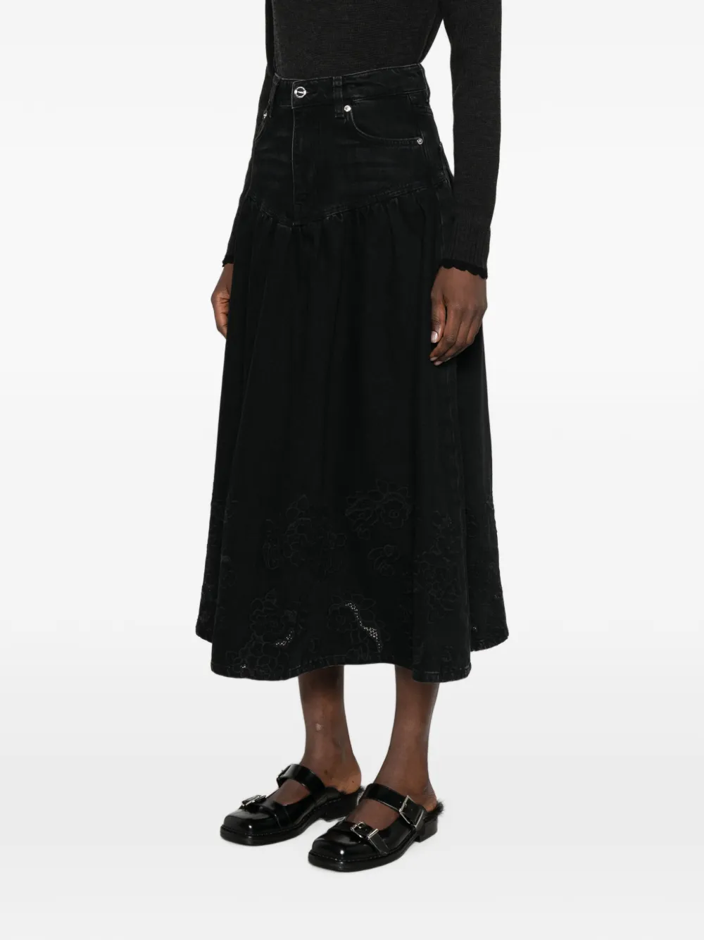 GANNI embroidered denim midi skirt Zwart