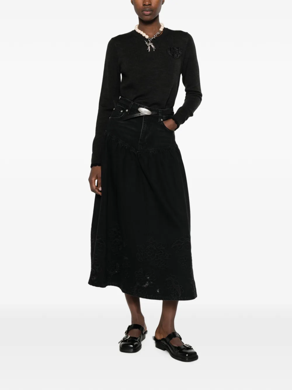 GANNI embroidered denim midi skirt Zwart