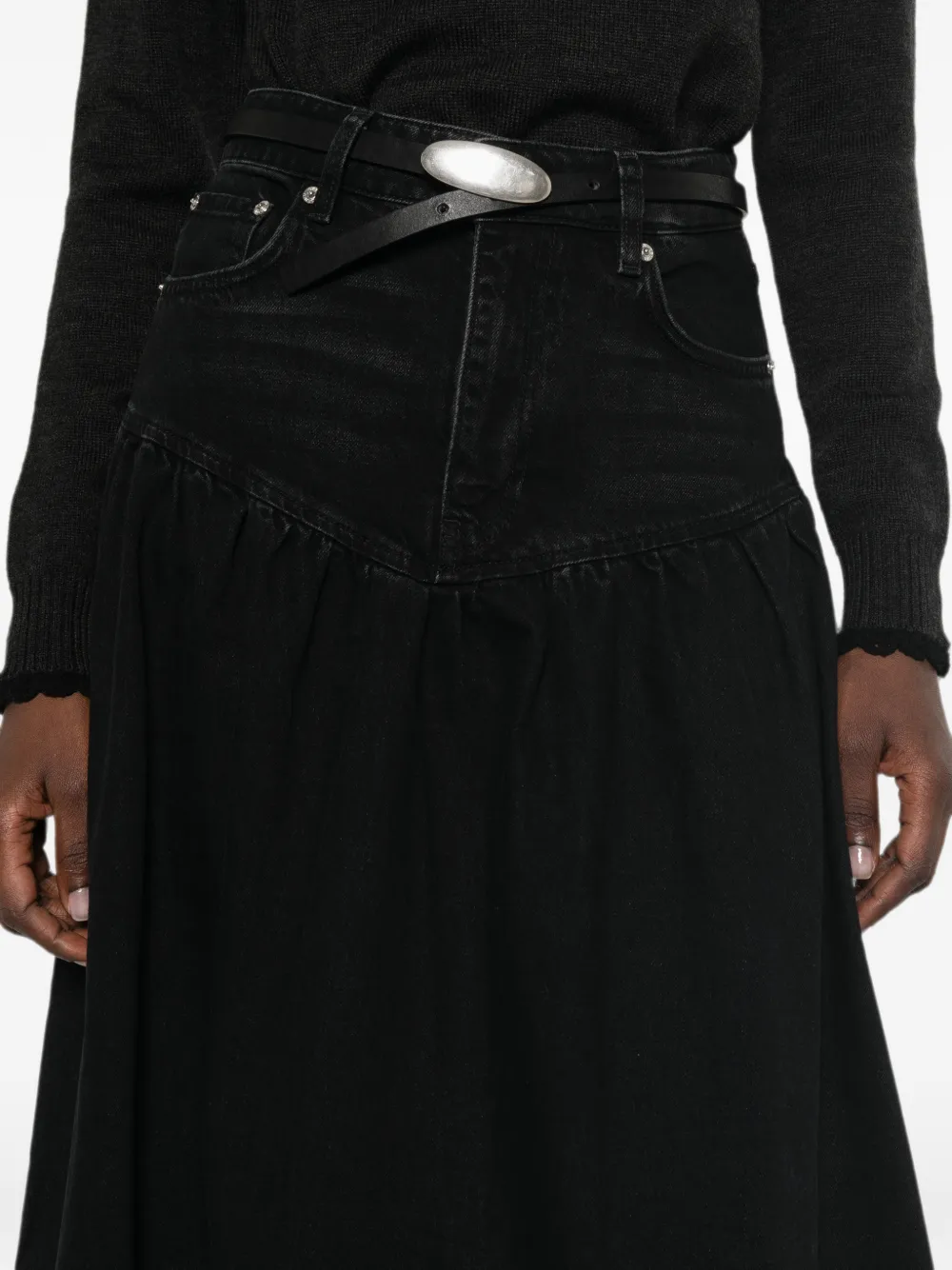GANNI embroidered denim midi skirt Zwart