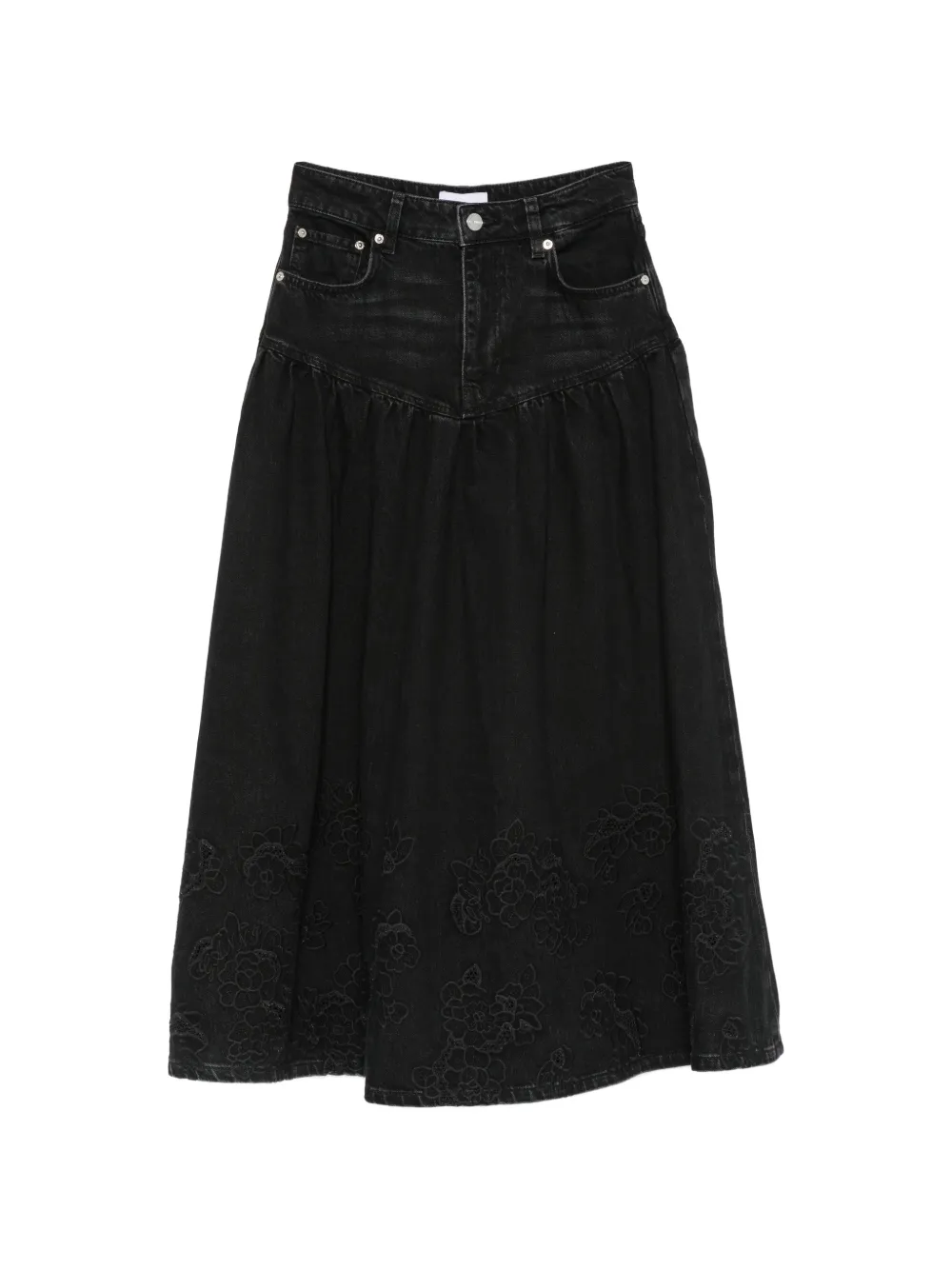 GANNI embroidered denim midi skirt - Nero