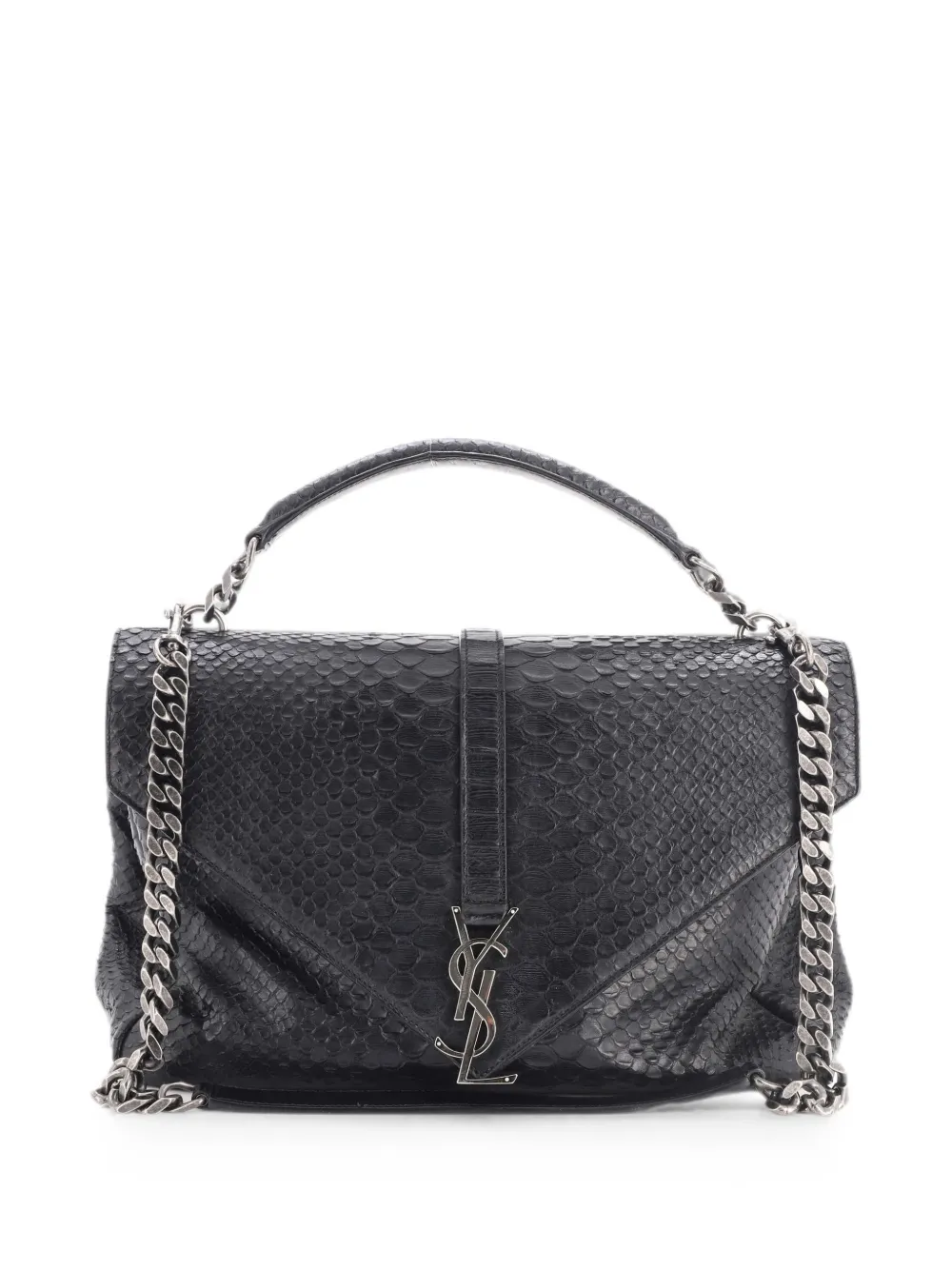 Pre-owned Saint Laurent Classic Monogram College Bag Python Embossed Leather Large Satchel In Black