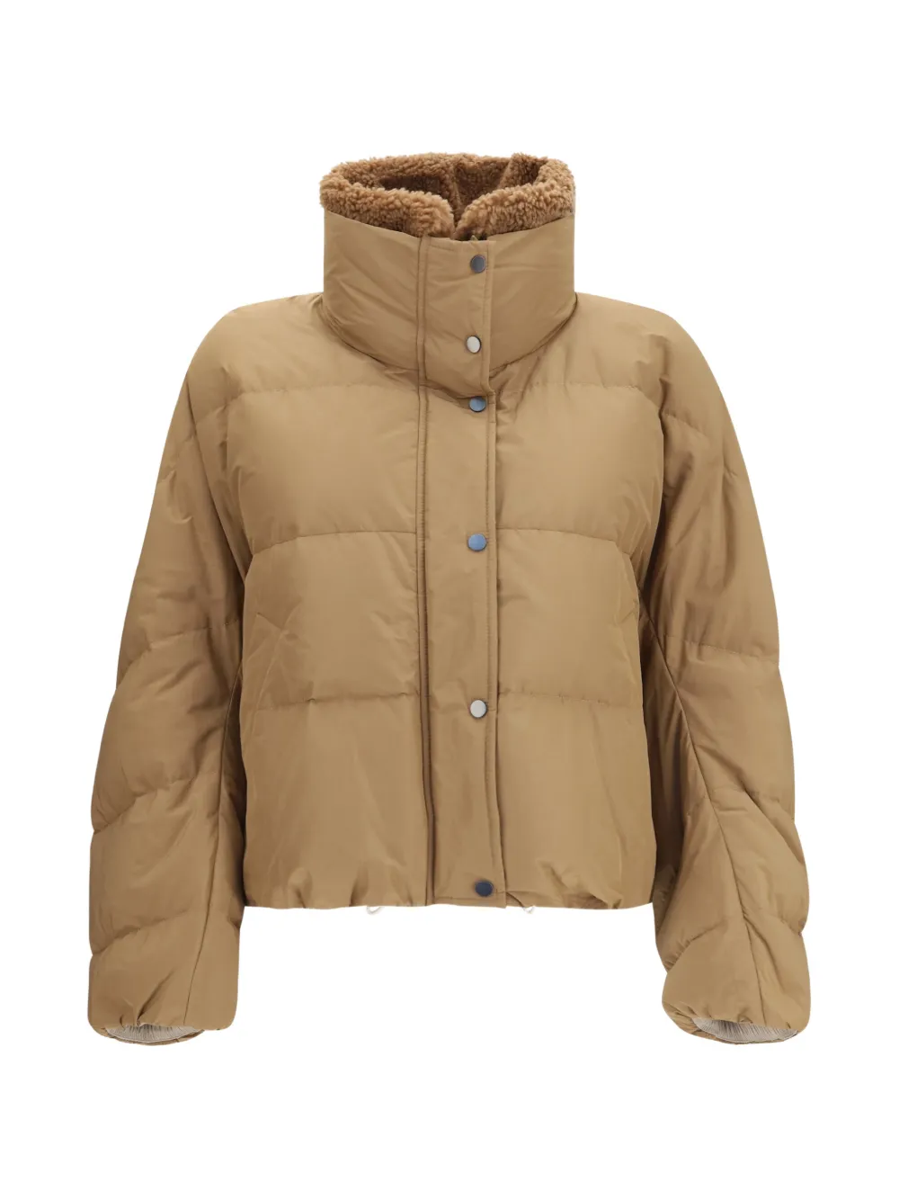 Brunello Cucinelli Techno cotton taffeta down jacket with detachable shearling insert and monili - Nude