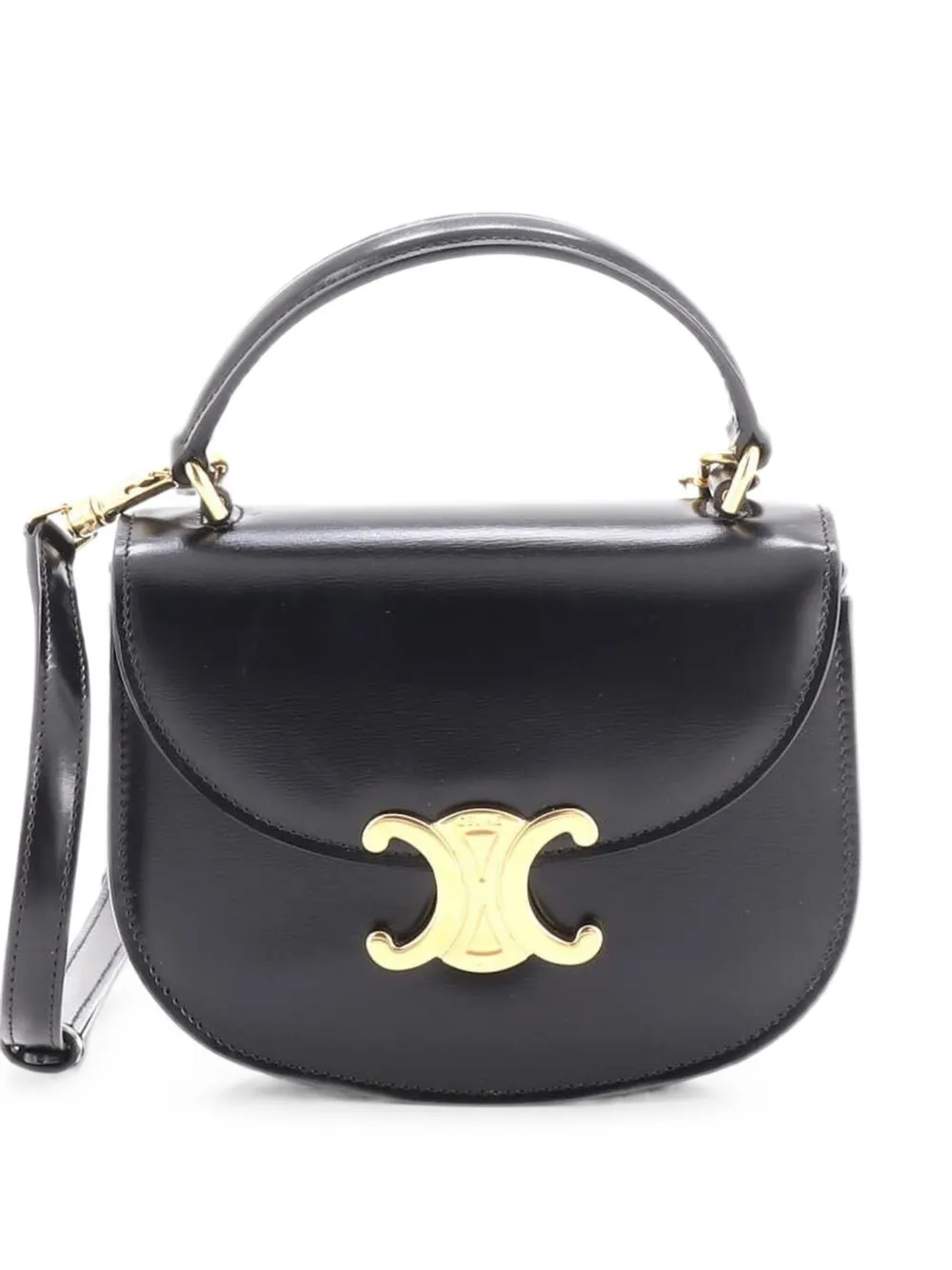 Pre-owned Celine Triomphe Besace Clea Top Handle Flap Bag Leather Mini Satchel In Black