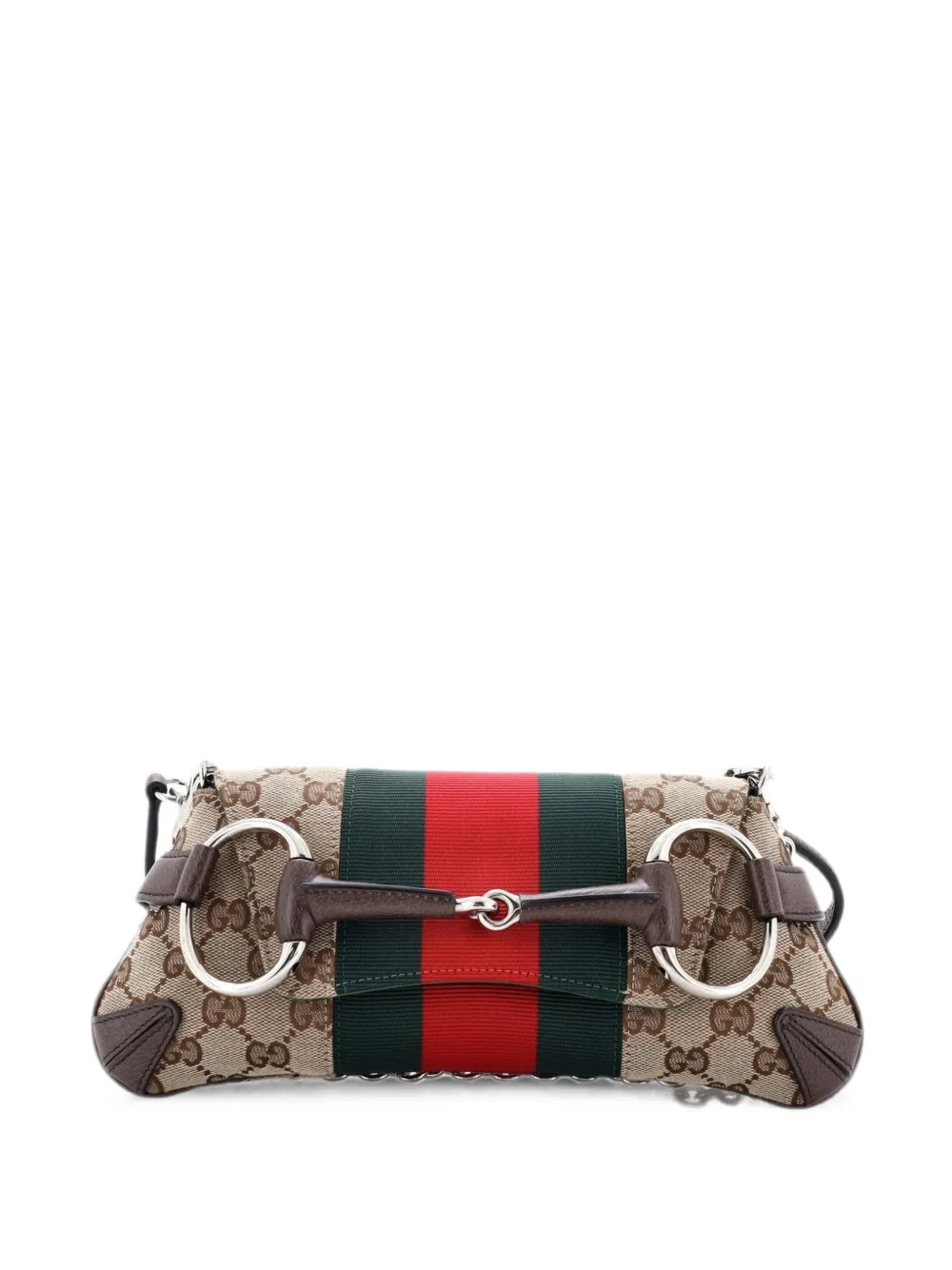 Pre-owned Gucci Horsebit Nm Web Chain Clutch Gg Canvas Small Shoulder Bag In Brown