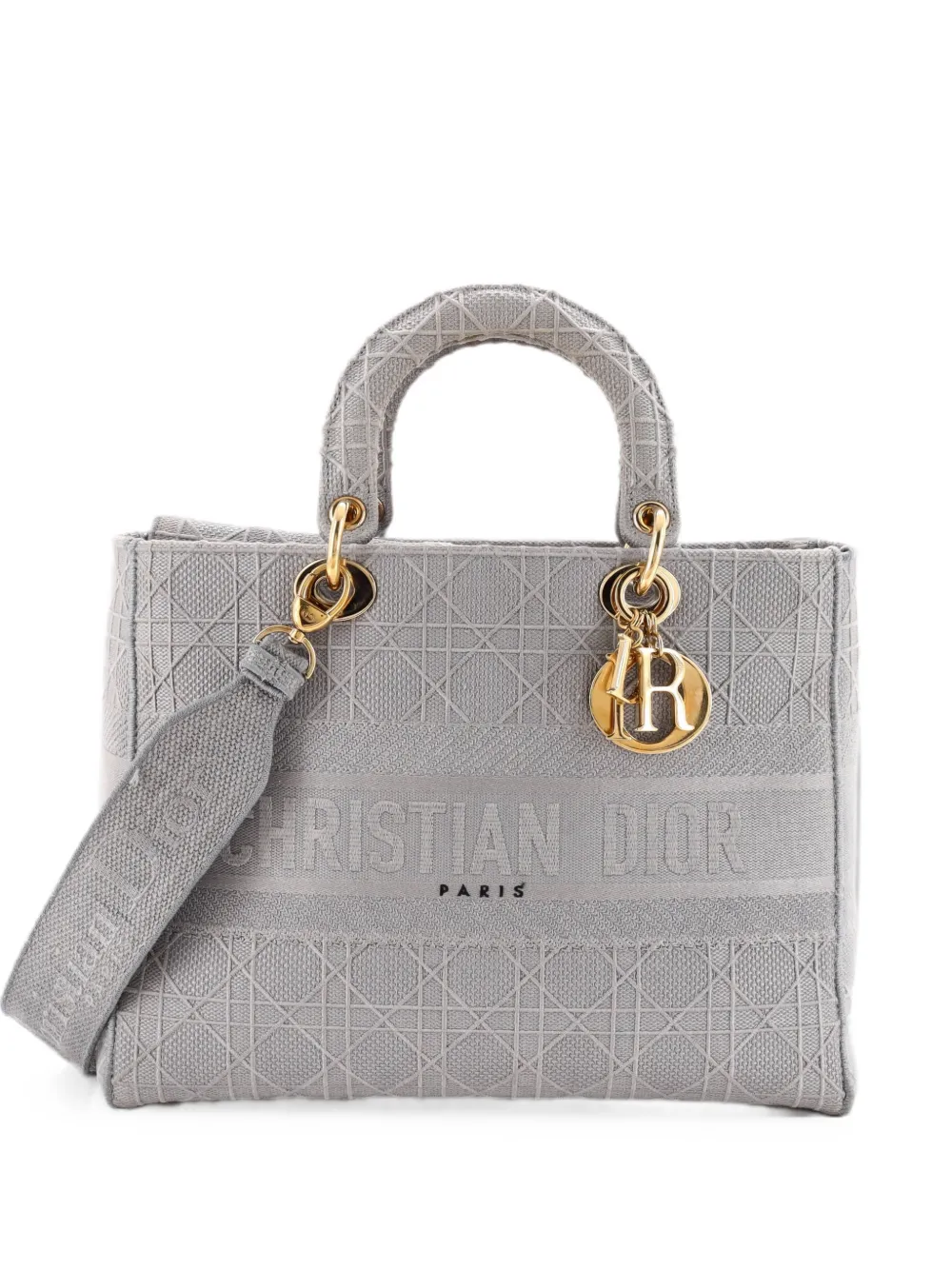 Pre-owned Dior Lady D-lite Bag Cannage Embroidered Canvas Large Tote Bag In Grey