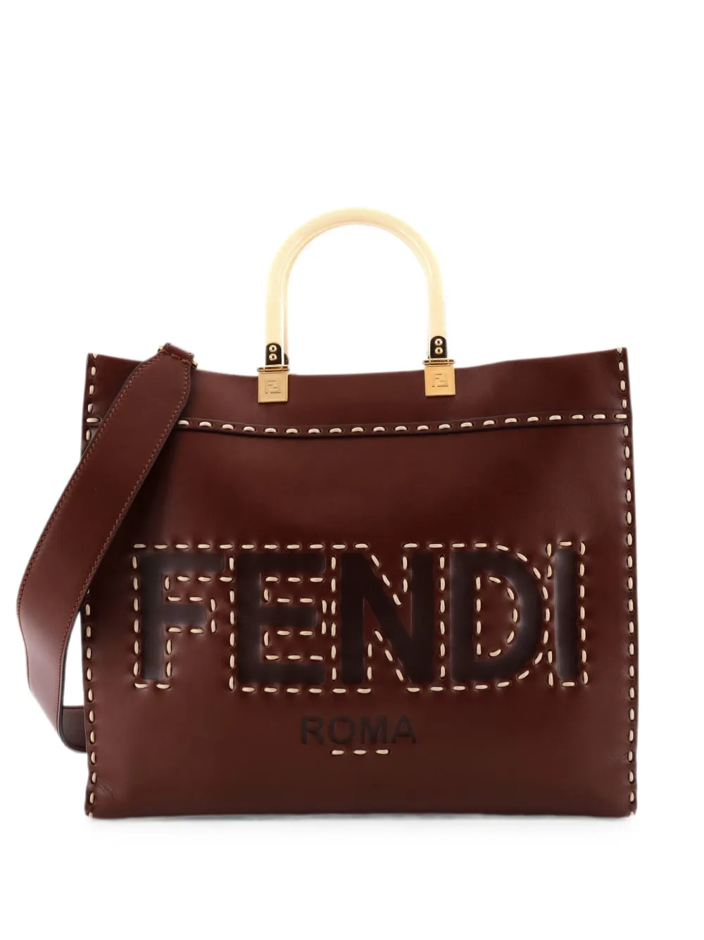 Pre-owned Fendi Sunshine Shopper Leather Medium Tote Bag In Brown