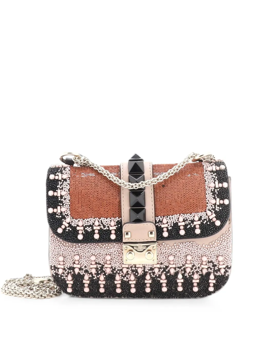Pre-owned Valentino Garavani Glam Lock Beaded Leather Mini Shoulder Bag In Pink
