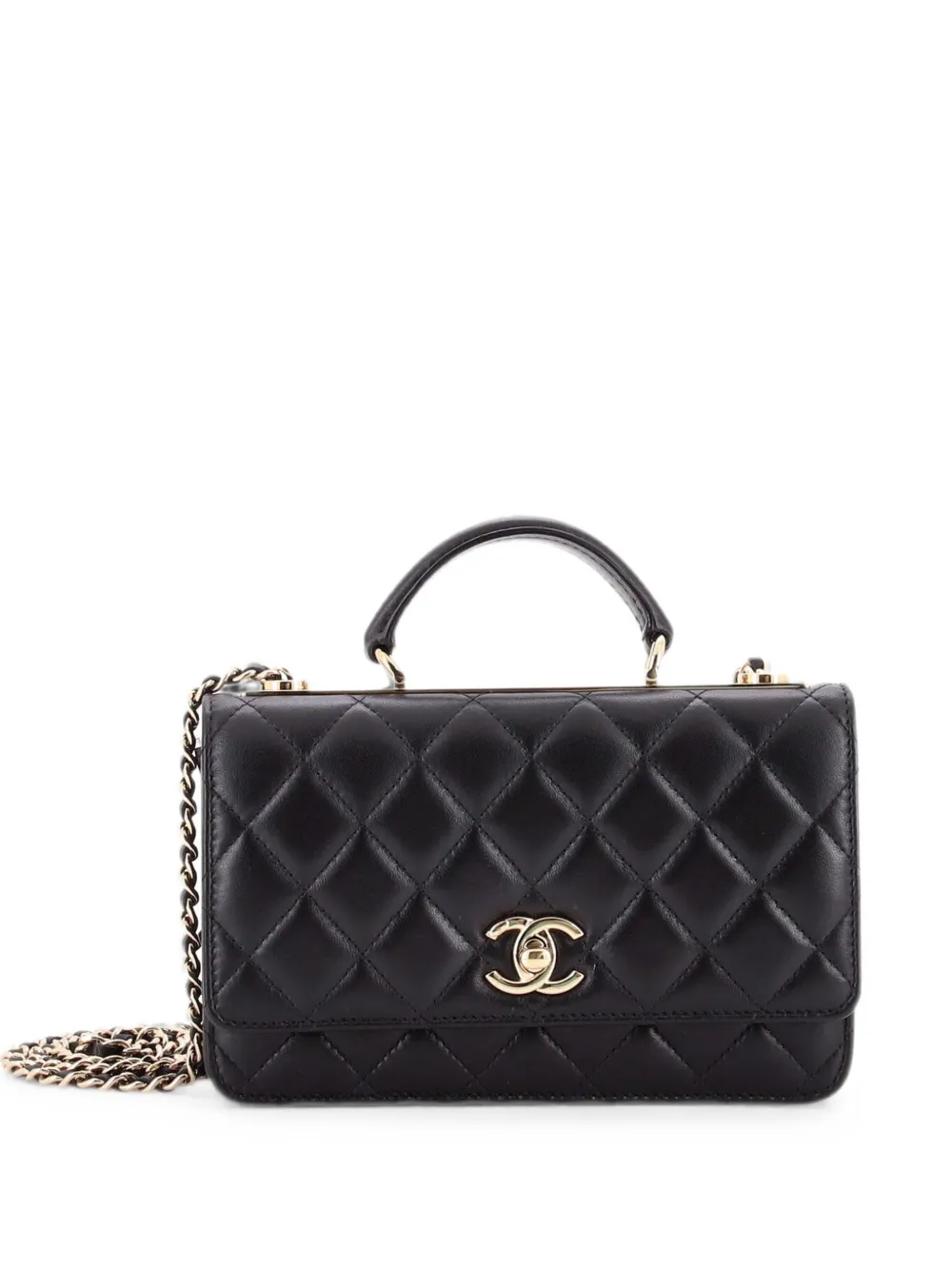 Pre-owned Chanel Trendy Cc Top Handle Wallet On Chain Quilted Lambskin Shoulder Bag In Black