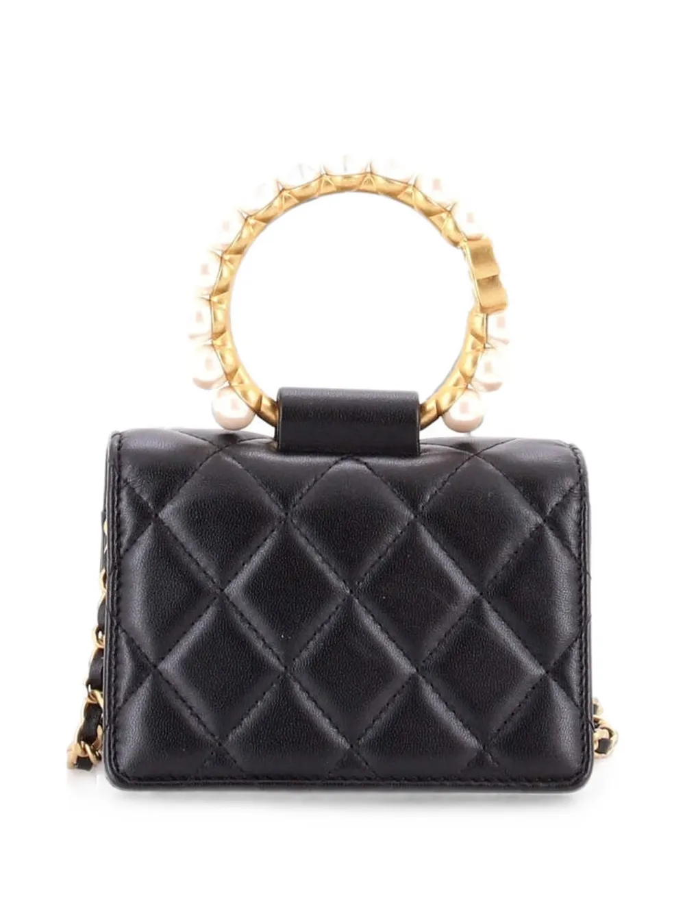 Pre-owned Chanel Pearl Crown With Chain Quilted Lambskin Clutch Bag In Black