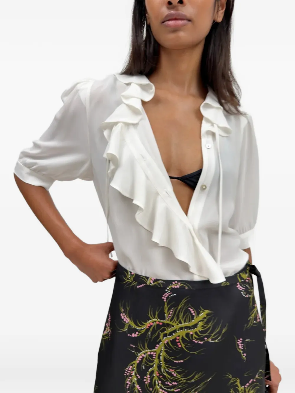 Rodebjer Xilla blouse met pofmouwen en ruches Beige