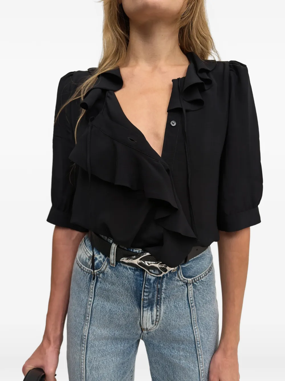 Rodebjer Xilla blouse met pofmouwen en ruches Zwart