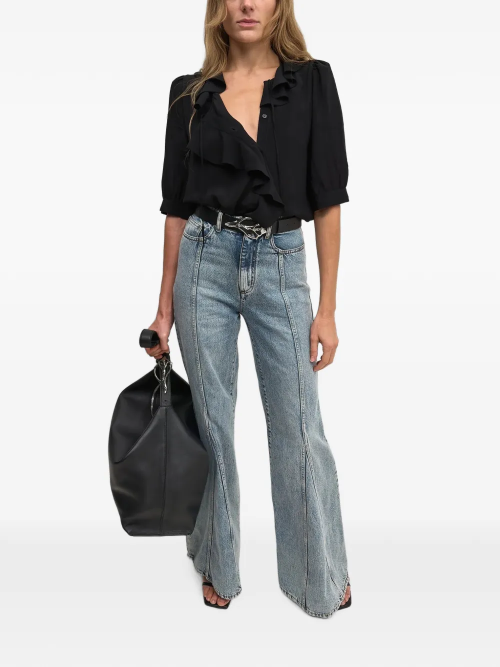 Rodebjer Xilla blouse met pofmouwen en ruches Zwart